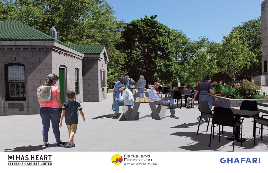 HASHEARTus's tweet image. We’re partnering with @grparksandrec, @madcapcoffee &amp;amp; @GhafariCo to build this year-round gathering place for all #veterans and civilians to meet and share a cup of #coffee (and maybe even an #icecream cone) within the Veterans Memorial Park.