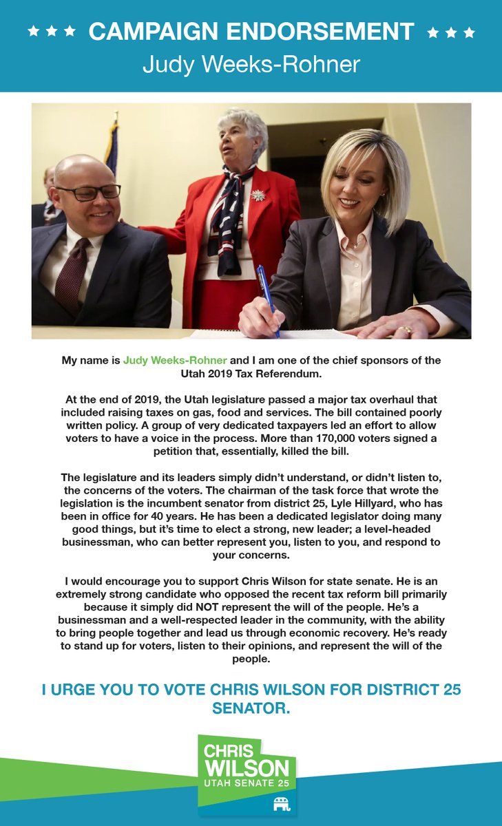 I applaud Judy Weeks-Rohner and all the citizens who stood up against Lyle Hillyard’s SB2001 that would have raised taxes on food and gas. Thanks Judy for your  support to elect a Senator committed to listen and enact the will of the people. #ItsTime to #VoteChrisWilson