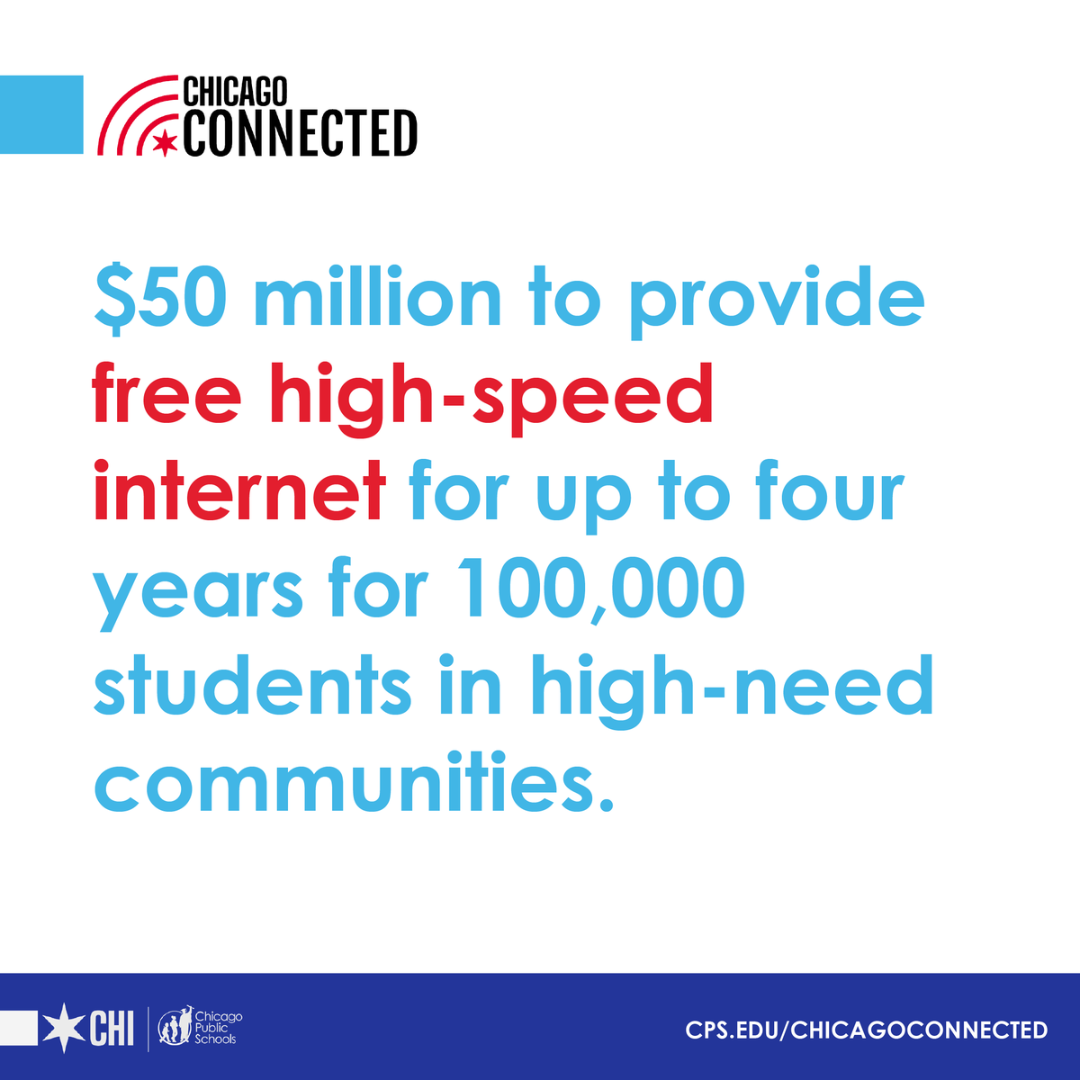 ChiPubSchools's tweet image. Today, we’re announcing the launch of Chicago Connected: a $50 million investment to provide up to four years of free, high speed internet for 100,000 students in high-need communities. Learn more: cps.edu/chicagoconnect…