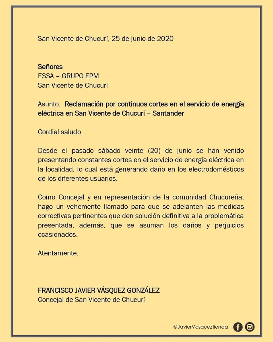 ConcejoDeSVCH's tweet photo. 📌 | Comunicación remitida por el Concejal Francisco Javier Vásquez González a la @ESSAGrupoEPM, con motivo de los continuos cortes en el servicio de energía eléctrica en San Vicente de Chucurí – Santander https://t.co/nlNqv7vPyZ