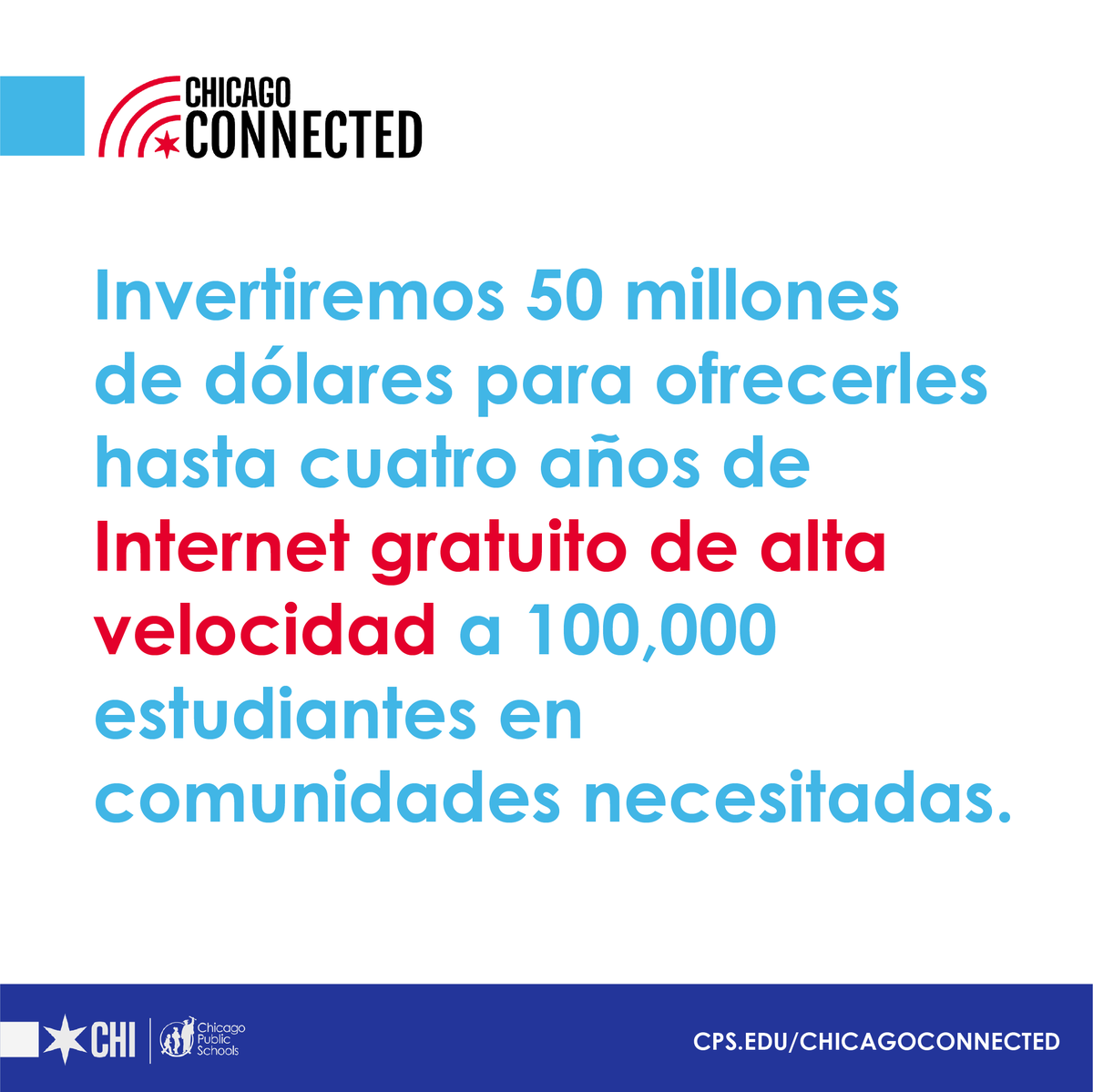 ChiPubSchools's tweet image. Today, we’re announcing the launch of Chicago Connected: a $50 million investment to provide up to four years of free, high speed internet for 100,000 students in high-need communities. Learn more: cps.edu/chicagoconnect…