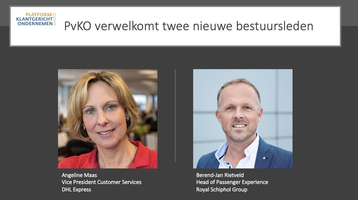 <a href="/PvKO/">Platform voor Klantgericht Ondernemen (PvKO)</a> verwelkomt twee nieuwe bestuursleden. Angéline Maas, Vice President Customer Services DHL en Berend-Jan Rietveld, Head of Passenger Experience <a href="/Schiphol/">Schiphol</a>. pvko.nl/k/n175/news/vi…