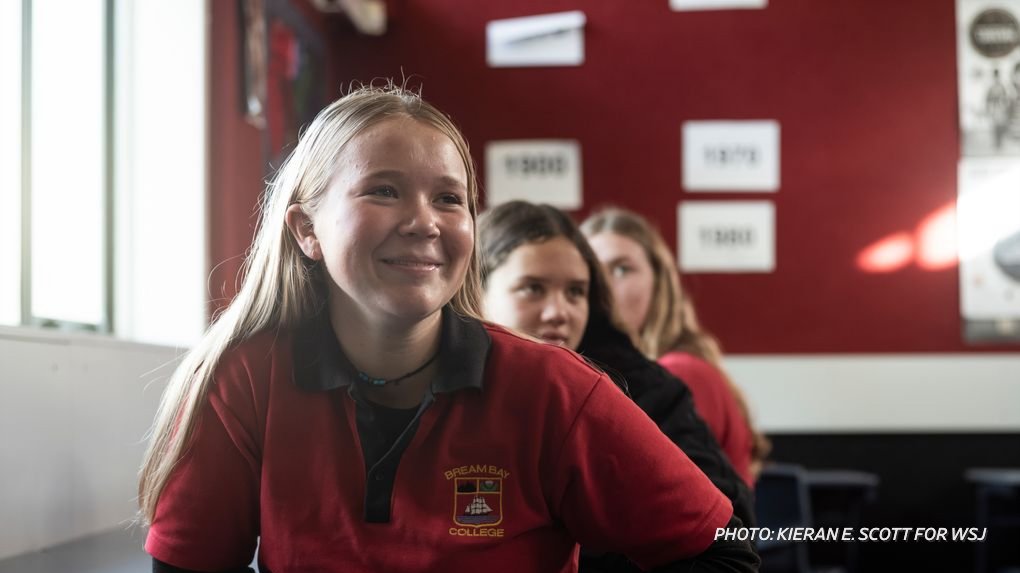 Jess Andrews, 14, returned to school in Ruakaka, New Zealand, where masks are optional in schools—and few are wearing them. But there is hand sanitizer at every classroom door and for use when getting on and off the bus.  https://on.wsj.com/2CCwDko&nbsp;