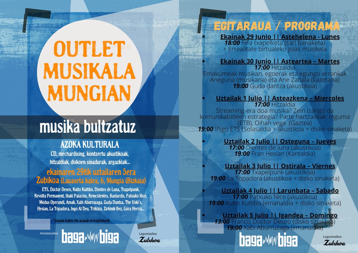 🎶🎵 OUTLET MUSIKALA 🎵🎶
Musika bultzatuz ‼️
➡️ EGITARAUA || PROGRAMA ⬅️
⚠️ Sarrera doan - Entrada gratis ⚠️
#musika #musica #outlet #mungia #bagabiga
