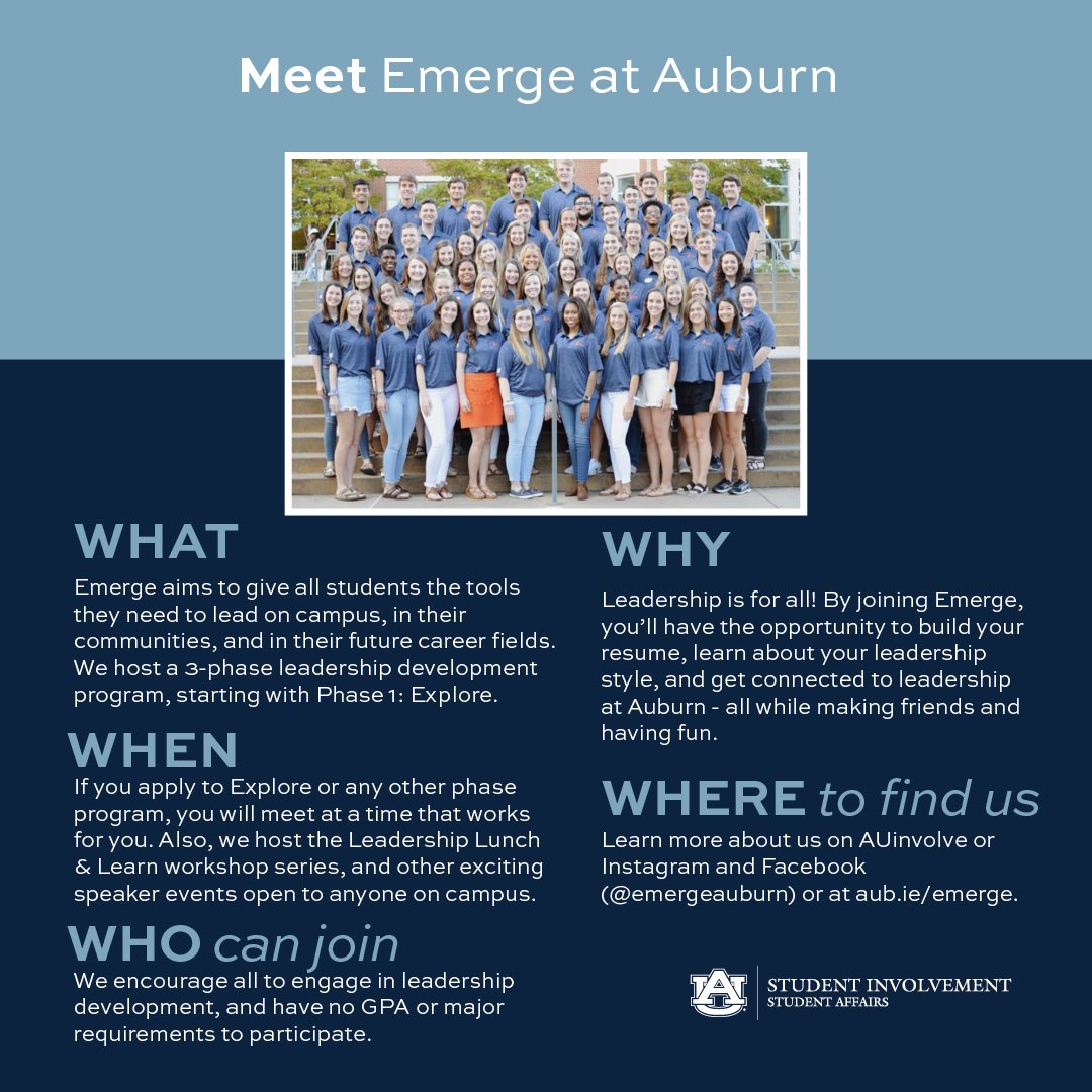 AUinvolve's tweet image. ❓Get to know the 5 Ws of @EmergeAuburn! #orgspotlight #organizationspotlight