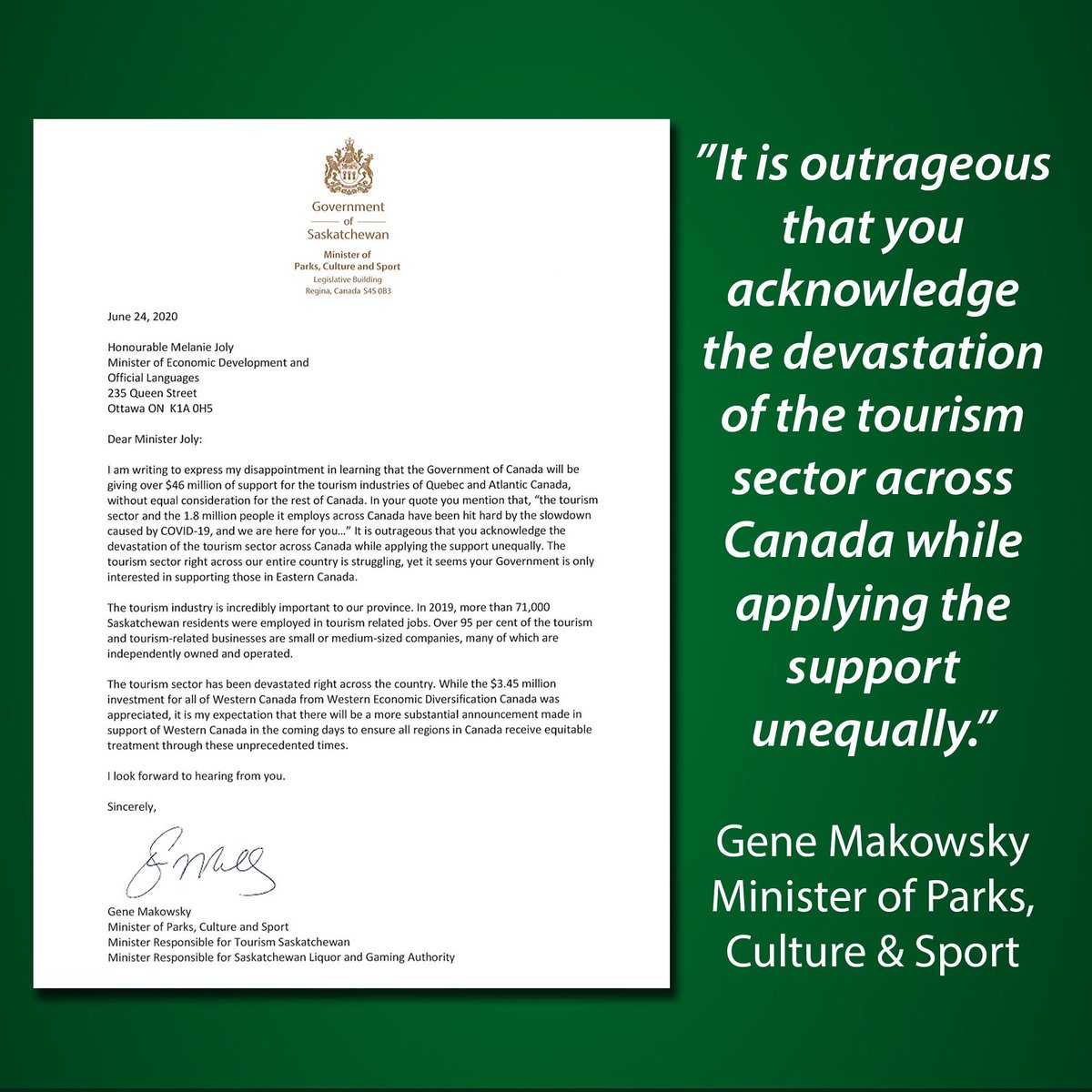 PremierScottMoe's tweet image. While tourism across 🇨🇦 has been hit hard due to #COVID19 the federal govt is providing &amp;gt;$46M in support only to Quebec’s &amp;amp; Atlantic Canada’s tourism industries

Parks, Culture &amp;amp; Sport Minister Gene Makowsky called on the Fed govt to ensure all regions receive equitable support.