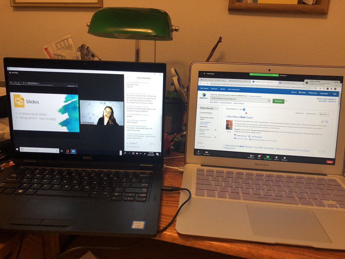 ELDegolyerES's tweet photo. When webinars overlap by 1/2 hour! Learning TexQuest and @HeatherHornor’s “A Few of My Favorite Things-Tech Tools Édition”. Multitasking is sometimes a necessity when there is so much to learn! #LevelUpDallasISD @DISD_Libraries @DeGolyerElem https://t.co/5EZ246FeF4