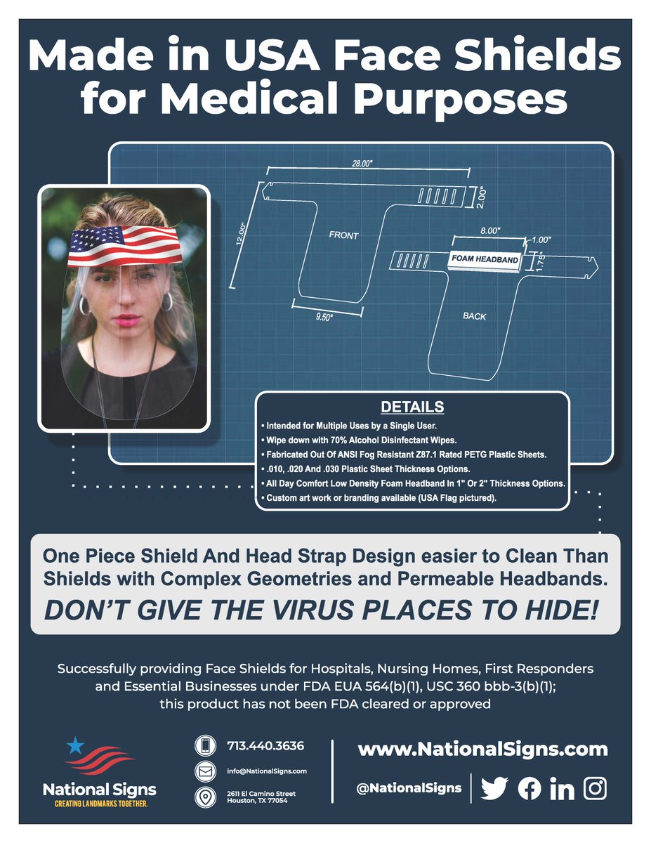 NationalSignsTX's tweet photo. Please help keep Houston Safe and Houstonians Working. Buy your American Pride Face Shields from National Signs today. 

https://t.co/nZIOcjKq7M

$36.03 for 5 or $61.52 for 10.  Manufactured in the Houston Medical Center by Houstonians… Free Shipping… Ships in 2 – 3 days. https://t.co/lBV2NDaqDO