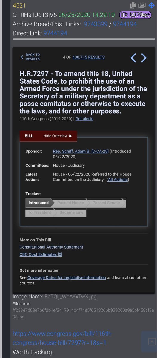 Q4521 https://www.congress.gov/bill/116th-congress/house-bill/7297?r=1&s=1Worth tracking. https://www.rand.org/content/dam/rand/pubs/monograph_reports/MR1251/MR1251.AppD.pdfWhat is Adam Schiff trying to prevent?Everything you are witnessing [past & present [future]] centrally revolves around the Presidential Election of 2020.Win by any means necessary [self-preservation]. Q