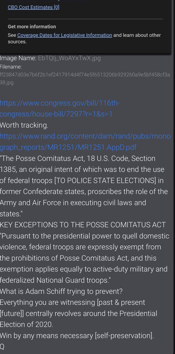 Q4521 https://www.congress.gov/bill/116th-congress/house-bill/7297?r=1&s=1Worth tracking. https://www.rand.org/content/dam/rand/pubs/monograph_reports/MR1251/MR1251.AppD.pdfWhat is Adam Schiff trying to prevent?Everything you are witnessing [past & present [future]] centrally revolves around the Presidential Election of 2020.Win by any means necessary [self-preservation]. Q
