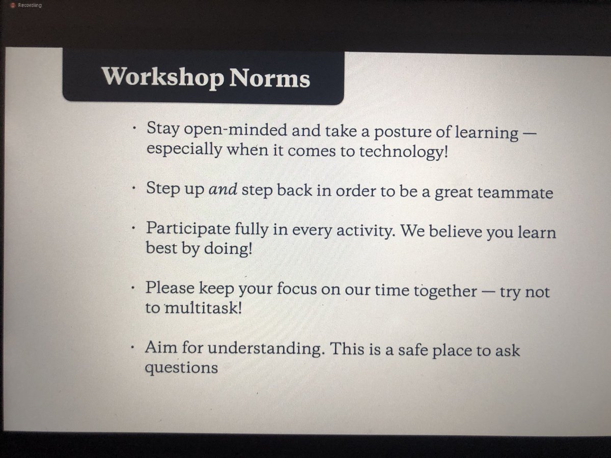 scitechyEDU's tweet photo. Launching N2 a workshop—- start w/ Norms to set the table for everyone! Here R our Workshop Norms via @kkrummeck Katie also shares her values for intentional framing of Workshop #dtk12chat #LLWK #designthinking Designing Human-Centered Learning Experiences Online https://t.co/l4eaFWtJaK