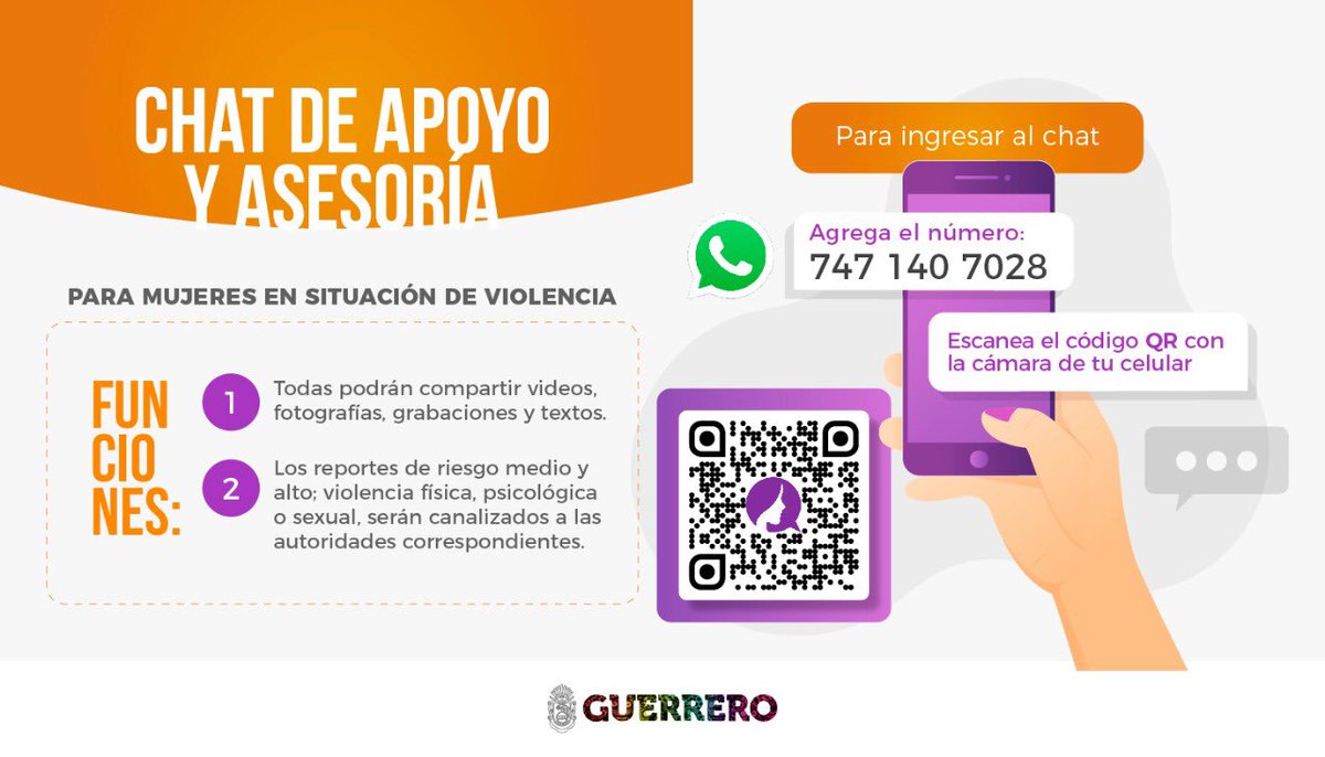GuerreroComSoc's tweet photo. Si estás en una situación de violencia puedes pedir ayuda o apoyo emocional, psicológico y jurídico por whatsapp en el #ChatVioleta. Agrega el contacto o escanea el código QR con la cámara de tu celular que automáticamente te llevará al chat. https://t.co/cDSHS4XjVb