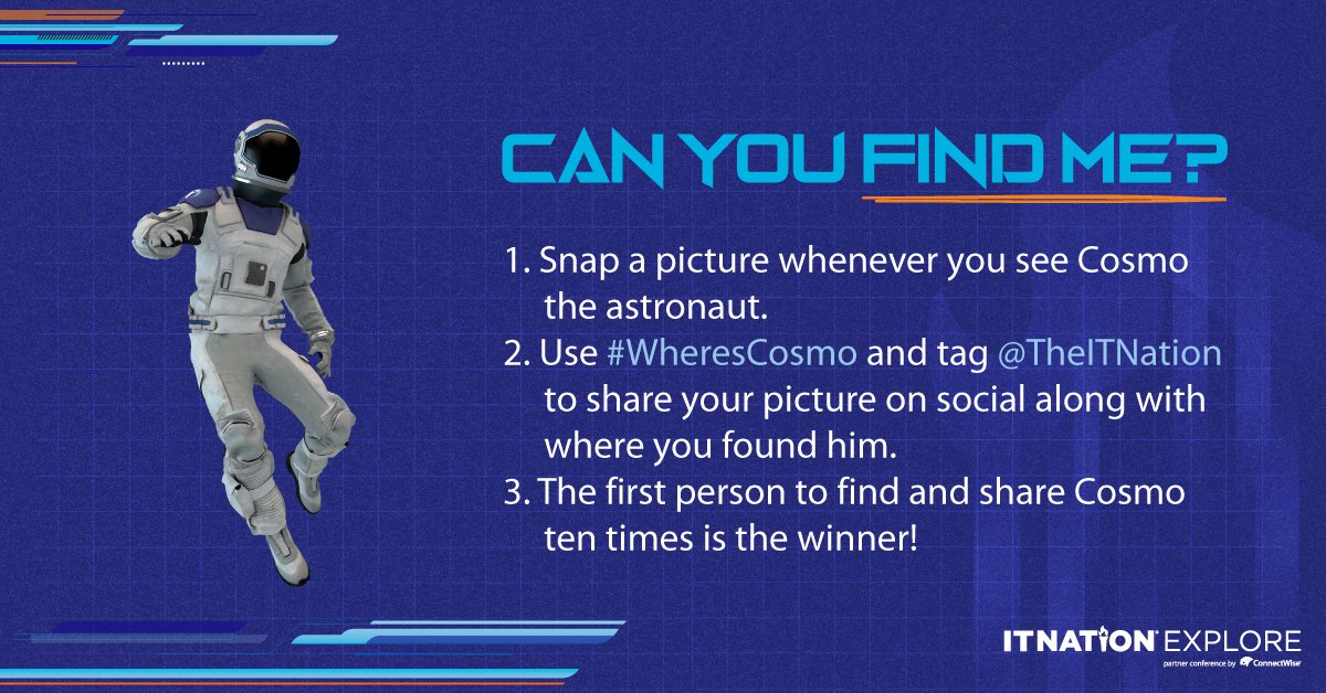 TheITNation's tweet photo. Round five of #ITNExplore20 breakout sessions are about to start. REMEMBER: Cosmo is hidden out there and you need to find him. If you do, you could win a gift card #prize! #WheresCosmo https://t.co/g3Muzj0OJm