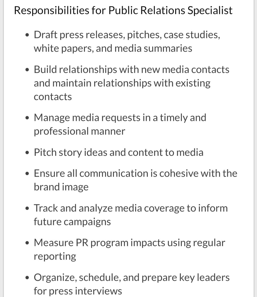 Neli_Ngqulana's tweet photo. Perhaps it's time for us to recap on what PR specialists and social media managers do. Here is a typical job description of a PR specialist (will share the social media manager one in the next tweet):

#PRChatAfrica https://t.co/1ti3vMzmlz