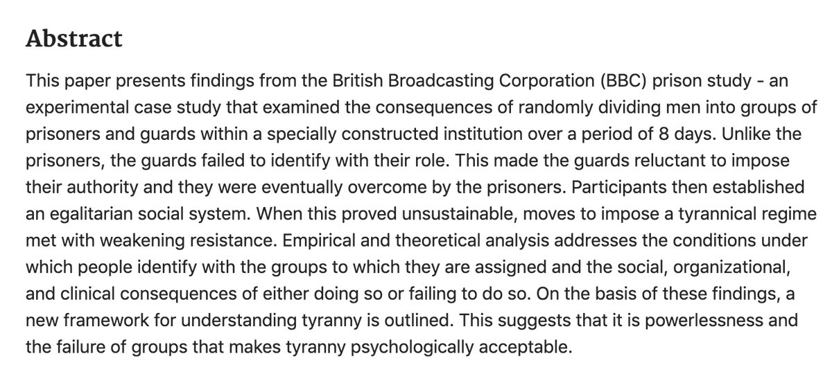 Problem #4: Cruelty is not the inevitable consequence of these roles. @ReicherStephen&  @alexanderhaslam re-ran a version of the Stanford Prison Experiment and found that participants even tried to establish an egalitarian social system! https://pubmed.ncbi.nlm.nih.gov/16573869/ 