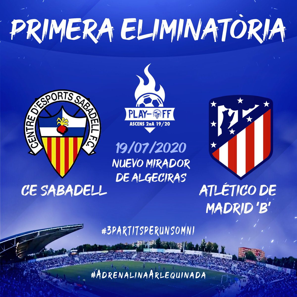 CESabadell's tweet photo. 🚨 [OFICIAL] L'@AtletiAcademia serà el nostre primer rival en el play-off d'ascens a Segona A

📅 Diumenge 19 de juliol
🏟️ Nuevo Mirador de Algeciras

 🔷 3r classificat grup 1
 🔷 53 punts
 🔷 2n play-off consecutiu

💪🏻 Som-hi!

#3PartitsPerunSomni
#AdrenalinaArlequinada https://t.co/Bk2QsdooGA