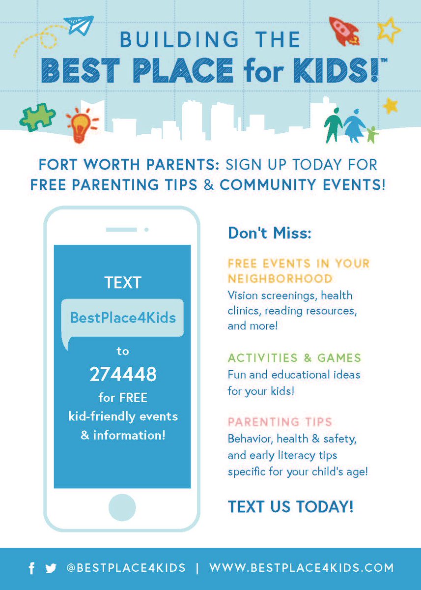 Fort Worth parents: sign up to receive free text messages informing about local events, community resources, and activity ideas for children! Text BestPlace4Kids to the number 274448 to sign up
#unlockingamericaspotential #parentingeducation #dfweducation #avancentx