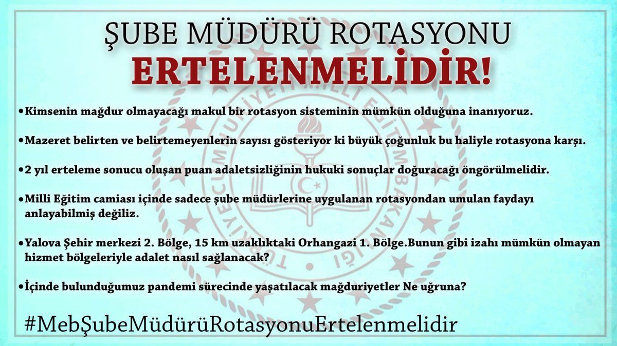 <a href="/tcmeb/">Millî Eğitim Bakanlığı</a> 'in saygıdeğer bürokratları!
sizlere güveniyoruz.şube müdürlerini mağdur etmeyecek bir çözüm üreteceğinize inanıyoruz #MebŞubeMüdürüRotasyonuErtelenmelidir 
<a href="/RTErdogan/">Recep Tayyip Erdoğan</a>
<a href="/ikalin1/">İbrahim Kalın</a>
<a href="/ziyaselcuk/">Ziya Selçuk</a>
<a href="/fahrettinaltun/">Fahrettin Altun</a>
<a href="/drfahrettinkoca/">Dr. Fahrettin Koca</a>
<a href="/safran1958/">Mustafa SAFRAN</a>
<a href="/_aliyalcin_/">Ali YALÇIN</a>
<a href="/omerinan06/">Ömer İNAN</a>
<a href="/bayramsenocak/">Bayram Şenocak 🇹🇷</a>