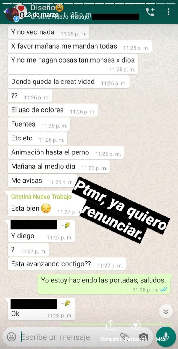 UnionLaboral_'s tweet photo. “Me sentí tranquilx y creí que las estaba haciendo bien. Sin embargo, la dueña; Melina, comentó en el chat grupal sobre lo “horribles y aburridas” que eran las animaciones que envié, sin saber que yo las había hecho.” https://t.co/BPfmhMB1az