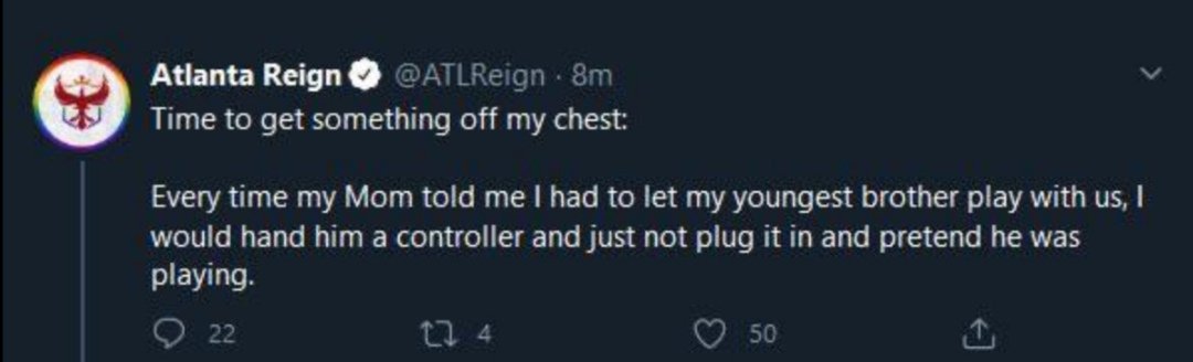 BaldingSparrow's tweet image. So the @ATLReign had to apologize for this tweet.

Can you tell me what's so offensive? What is so triggering about it?

FYI when my Mom told me to let my youngest brother play I'd put on a replay and he'd think he was playing.

#WorldsGoneMad #Overwatch