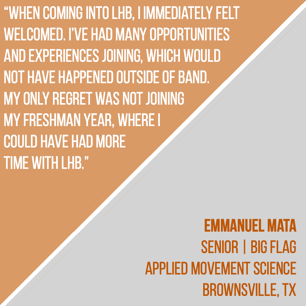 'My only regret was not joining my freshman year, where I could have had more time with LHB.' - Emmanuel Mata 🤘 #marchlhb #lhb #hookem #utorientation #longhornstateofmind #texasfight #ut24 #ut23 #ut22 #ut21 #ut20 #hookemhorns