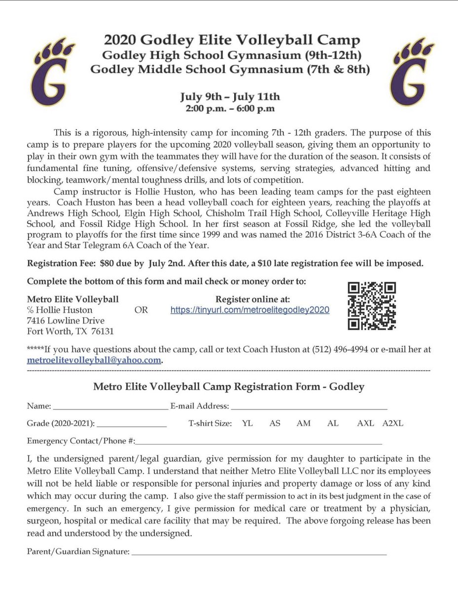 GodleyVball's tweet photo. 📍LOCATION HAS CHANGED TO:
Cornerstone Christian Academy 
5150 North Gate Road
Granbury, TX 76049

💜2020 Godley Elite Volleyball Camp Form💜
GHS 9th-12th
GMS 7th-8th

NEW TIME:
July 9th 1:30pm-5:30pm
July 10th-11th 2pm-6pm

Register online https://t.co/a04bZpTiaS https://t.co/6FkbNGqeF9