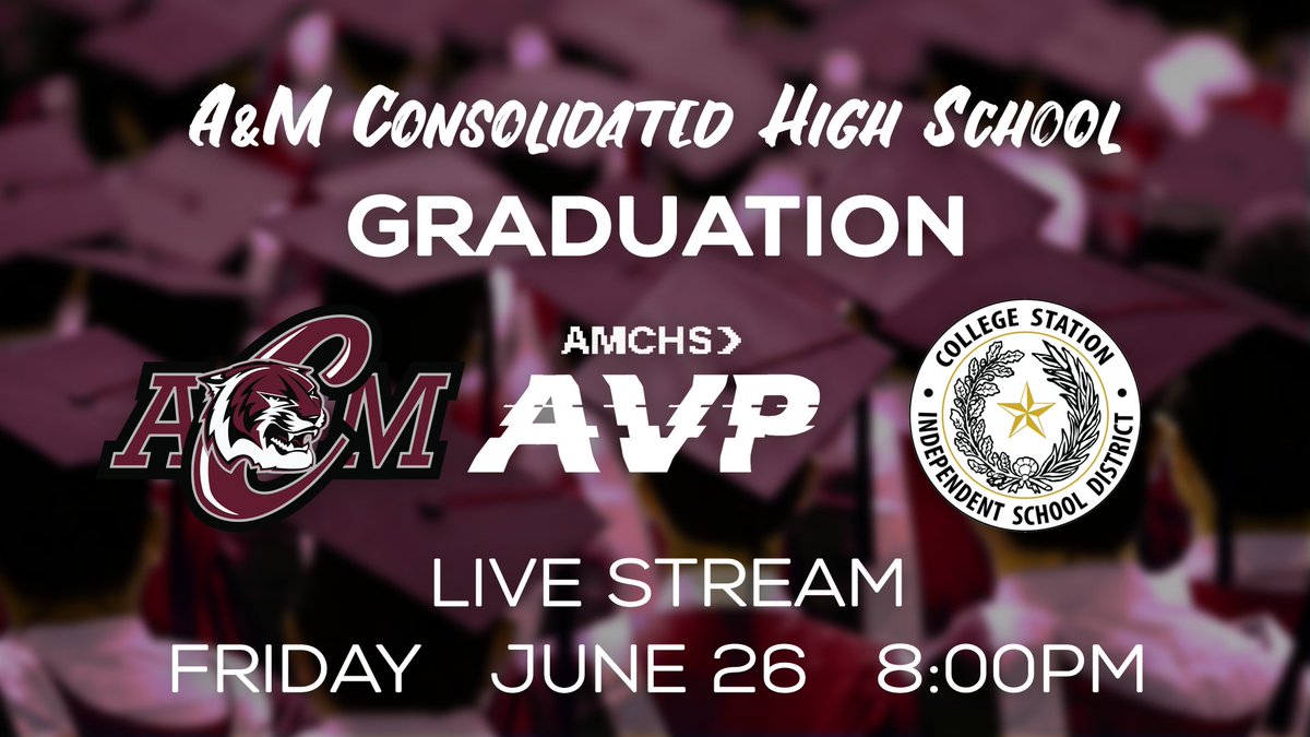 amchsAVP's tweet photo. Tune in tomorrow at 8:00 PM
 https://t.co/A8aPAXLPRN 
To watch the A&amp;M Consolidated High School 2020 Graduation! https://t.co/D8qxjbzNl9