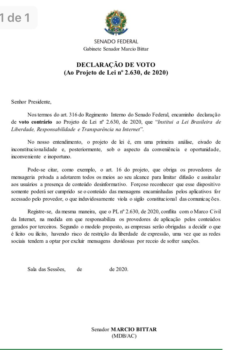 Votarei contra qualquer tentativa de calar as vozes livres nas redes sociais. Não há democracia sem livre expressão. Voto contra o projeto das fake news. #PL2630Nao