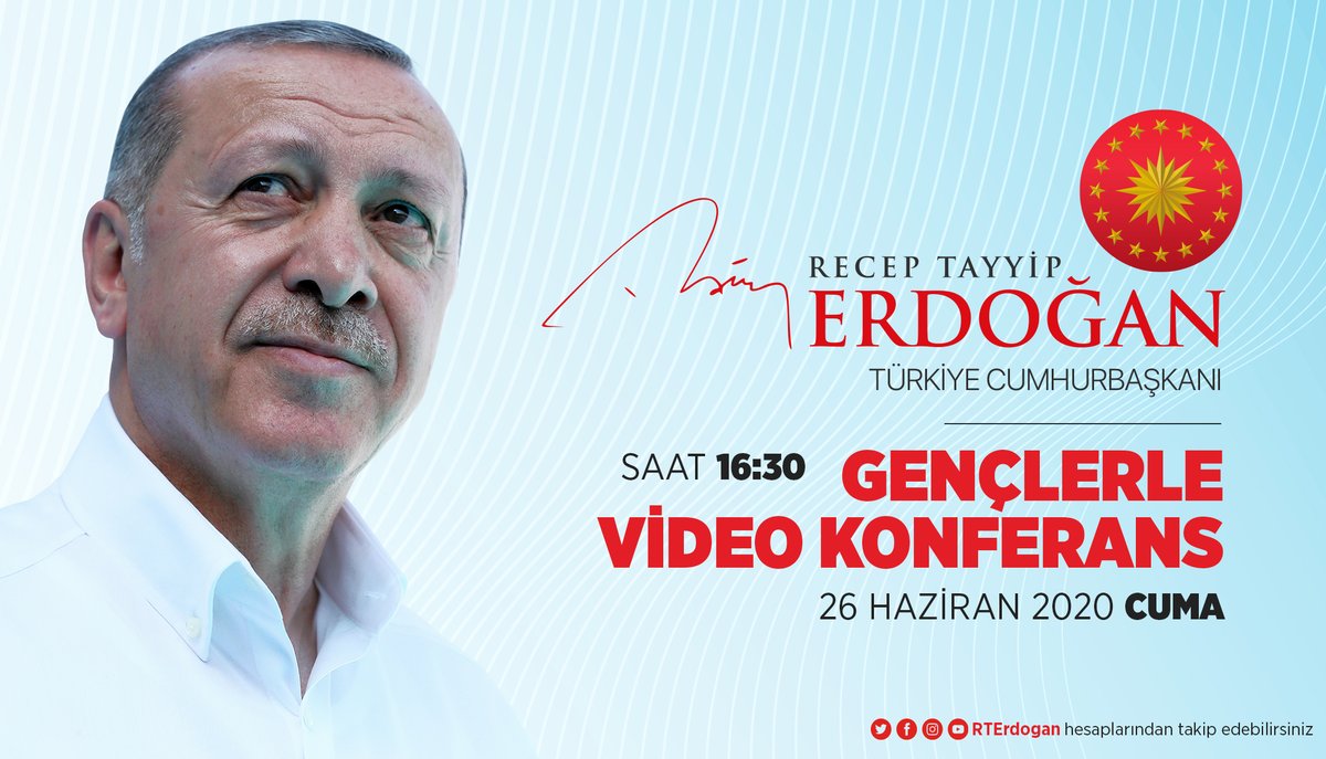Cumhurbaşkanımız <a href="/RTErdogan/">Recep Tayyip Erdoğan</a>, yarın 16.30’da gençlerle video konferans yöntemiyle bir buluşma gerçekleştirecek. 

Yayını Cumhurbaşkanımızın YouTube kanalı, Facebook sayfası, Twitter ve Instagram hesaplarından canlı olarak takip edebilirsiniz.