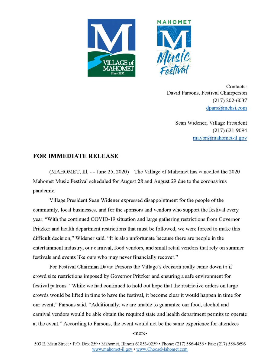 MahometVillage's tweet image. The 2020 Mahomet Music Festival has been cancelled. Please see the attached announcement for more information.