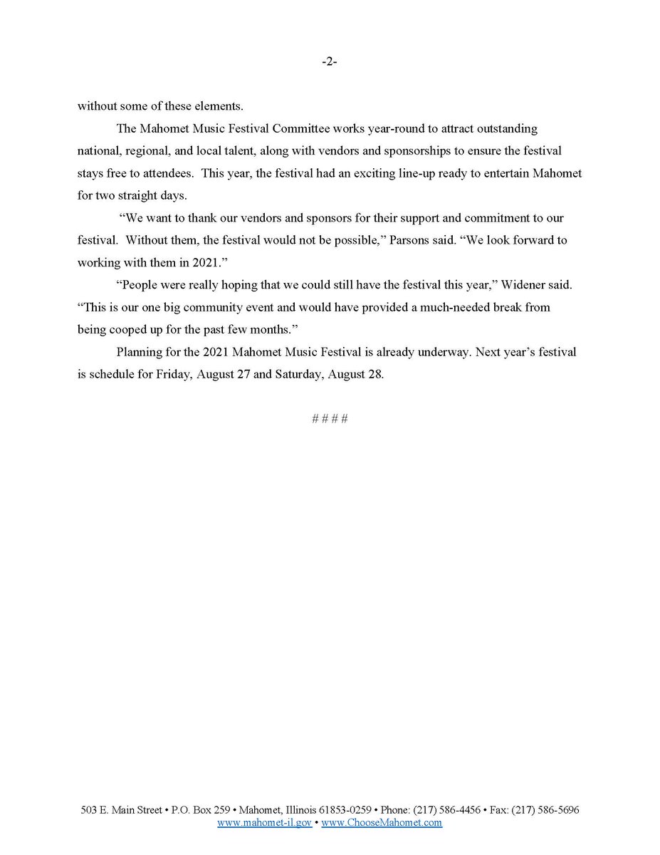 MahometVillage's tweet image. The 2020 Mahomet Music Festival has been cancelled. Please see the attached announcement for more information.