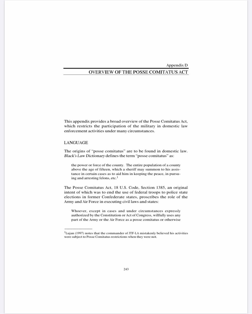 "The Posse Comitatus Act, 18 U.S. Code, Section 1385, an original intent of which was to end the use of fe[TO POLICE STATE ELECTIONS] in former Confederate states, proscribes the role of the Army and Air Force in executing civil laws and states." https://www.rand.org/content/dam/rand/pubs/monograph_reports/MR1251/MR1251.AppD.pdf