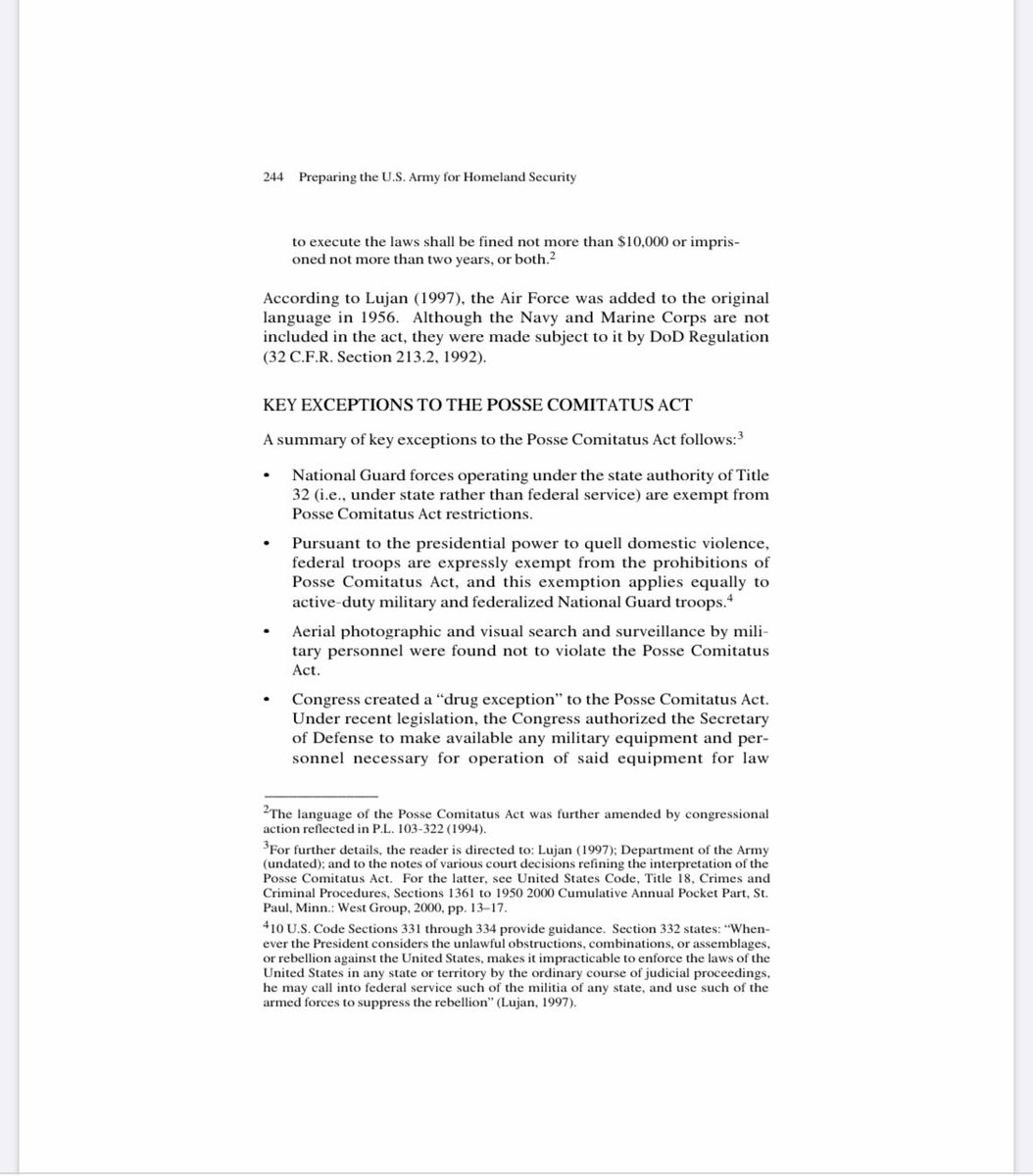 "The Posse Comitatus Act, 18 U.S. Code, Section 1385, an original intent of which was to end the use of fe[TO POLICE STATE ELECTIONS] in former Confederate states, proscribes the role of the Army and Air Force in executing civil laws and states." https://www.rand.org/content/dam/rand/pubs/monograph_reports/MR1251/MR1251.AppD.pdf