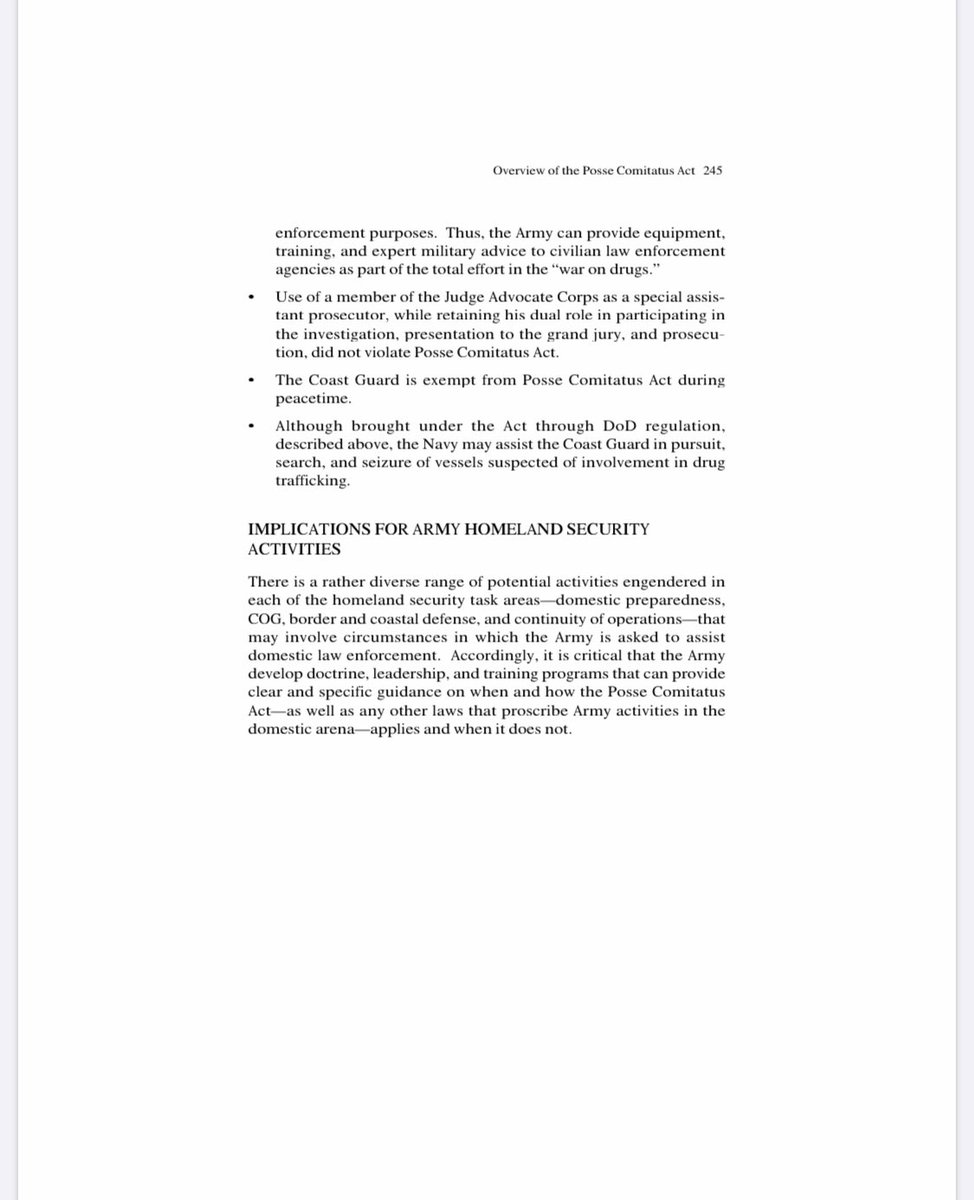 "The Posse Comitatus Act, 18 U.S. Code, Section 1385, an original intent of which was to end the use of fe[TO POLICE STATE ELECTIONS] in former Confederate states, proscribes the role of the Army and Air Force in executing civil laws and states." https://www.rand.org/content/dam/rand/pubs/monograph_reports/MR1251/MR1251.AppD.pdf