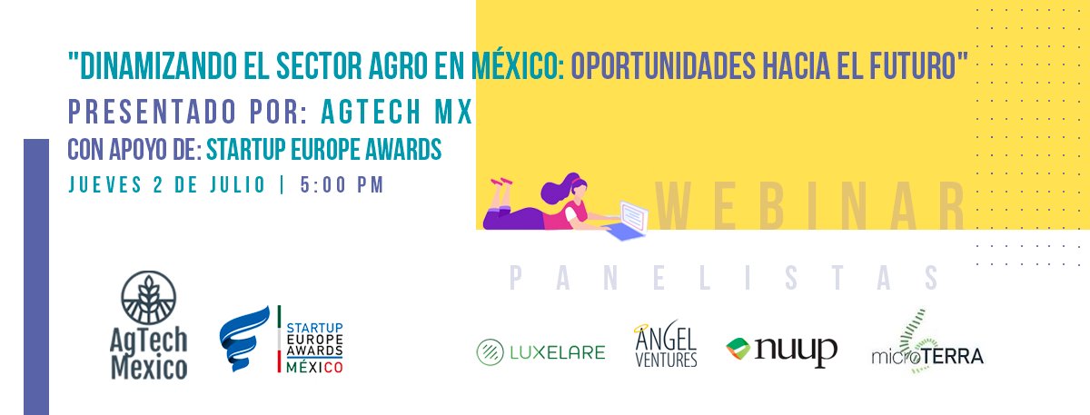 ¡Nos vemos en una semana! Regístrate aqui: bit.ly/3i9jGir #agtech #webinar @nuupagro <a href="/AVM_Mex/">Angel Ventures Mx💥</a> <a href="/Luxelare/">Luxelare</a> <a href="/microTERRA11/">microTERRA</a> <a href="/StartUpAwardsMX/">Startup Europe Awards México</a>