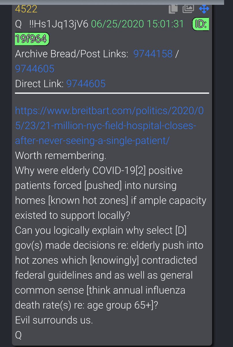 4522-Can you logically explain why select [D] gov(s) made decisions re: elderly push into hot zones which [knowingly] contradicted federal guidelines and as well as general common sense [think annual influenza death rate(s) re: age group 65+]? Evil surrounds us.Q