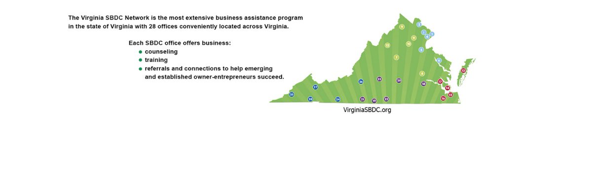 The Virginia SBDC  is an organization of 28 local Small Business Development Center offices across Virginia providing free professional #business counseling, training, &amp; business resources to help grow &amp; strengthen VA businesses. Find your local office: virginiasbdc.org/locations/
