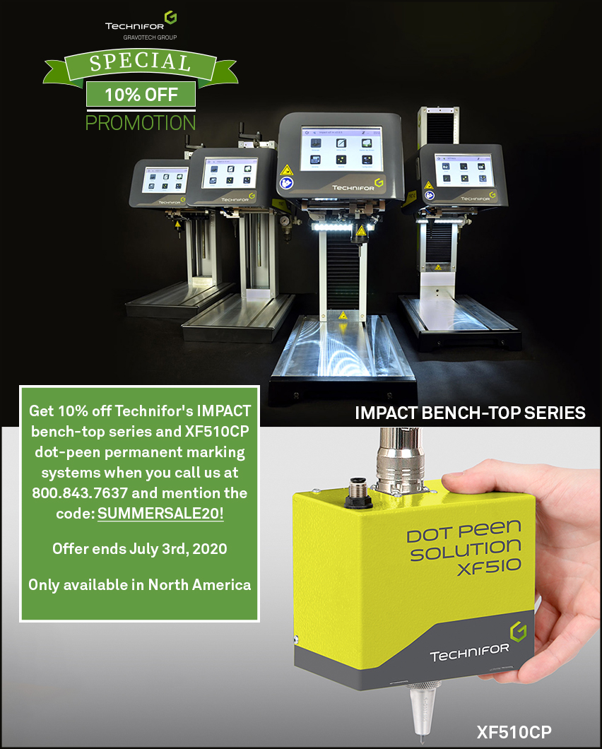 GravotechNA's tweet photo. It’s not too late to get these deals! Get 10% off #Technifor IMPACT bench-top series and XF510CP dot-peen permanent marking systems. Click here for more details> https://t.co/D3e3hBvAFK

Offer only available in North American. Ends 07/03/2020. https://t.co/ZDMvbg8ZcM