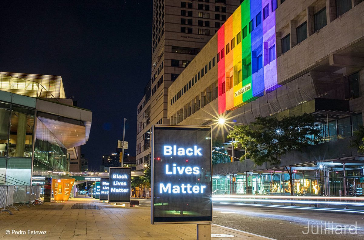 JuilliardSchool's tweet photo. WITH PRIDE: Special thanks to @lincolncenter for lighting up Juilliard and the entire campus in honor of Pride Month. #juilliardpride #pride2020🌈 https://t.co/mE2tMnBdYX