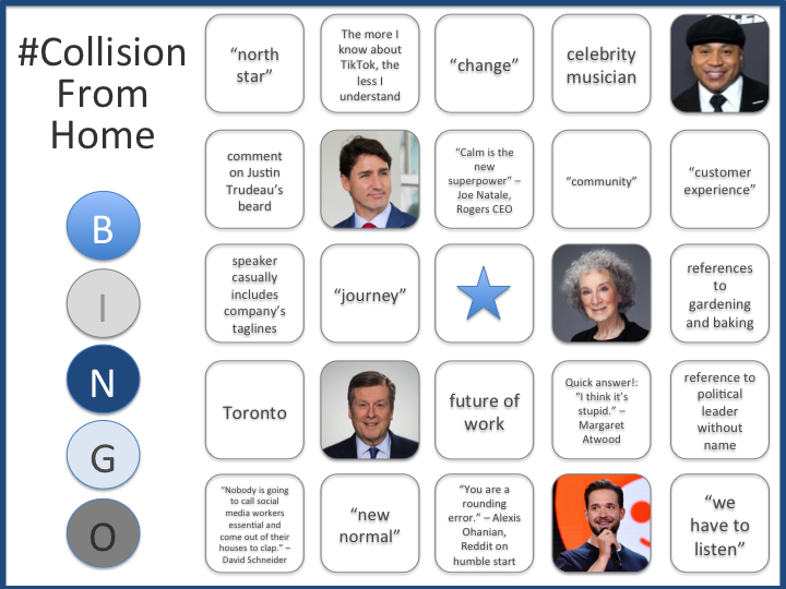 MirandaGermani's tweet photo. That's a wrap on #CollisionConf! Here's the BINGO card I made for a bit of fun, featuring key speakers, quotes, and of course buzzword lingo and topics.

@CollisionHQ #collisionfromhome #collisionathome #Toronto https://t.co/UFxdl42hNS