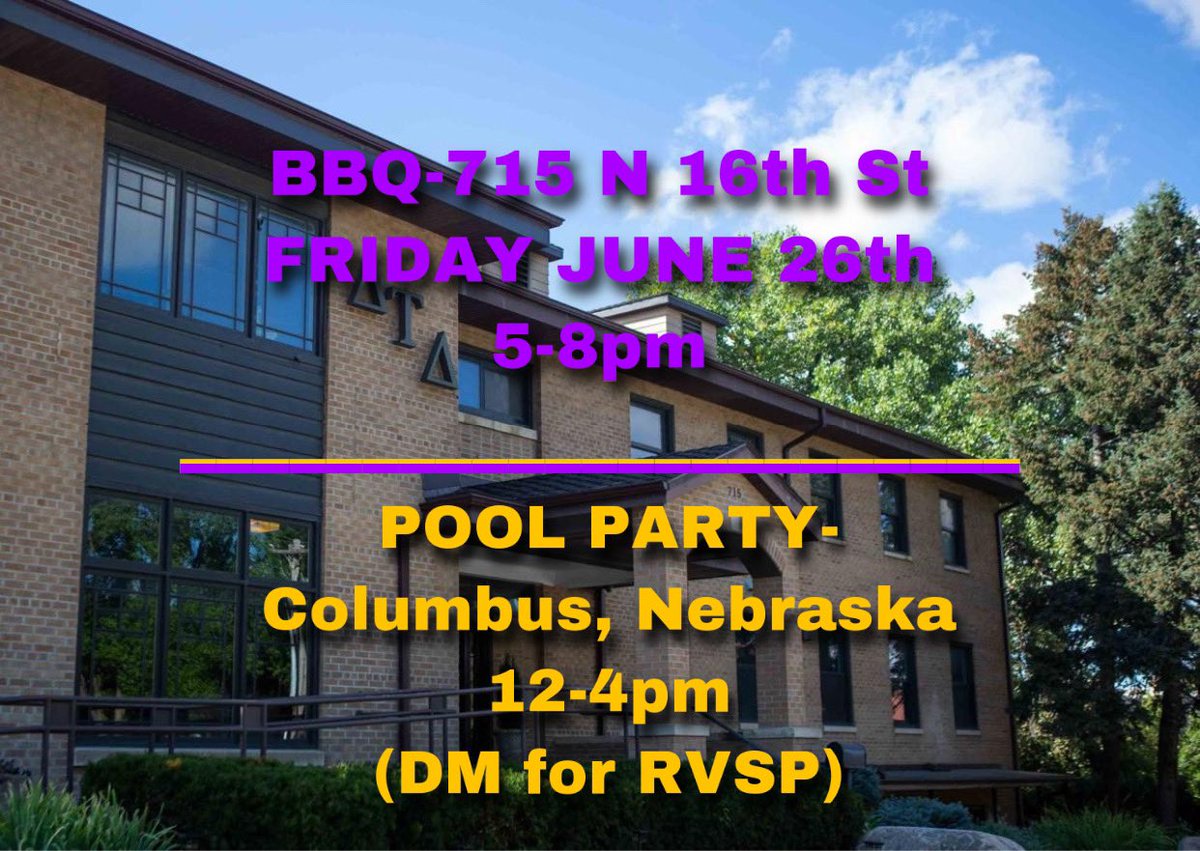 We are excited to announce that we will be having two Rush Events this weekend. Stop by Delt for a BBQ and a tour of the house on Friday (5-8pm) Saturday we will be having a Pool Party in Columbus,NE (12-4pm) DM this page or contact any rush chair for an address!