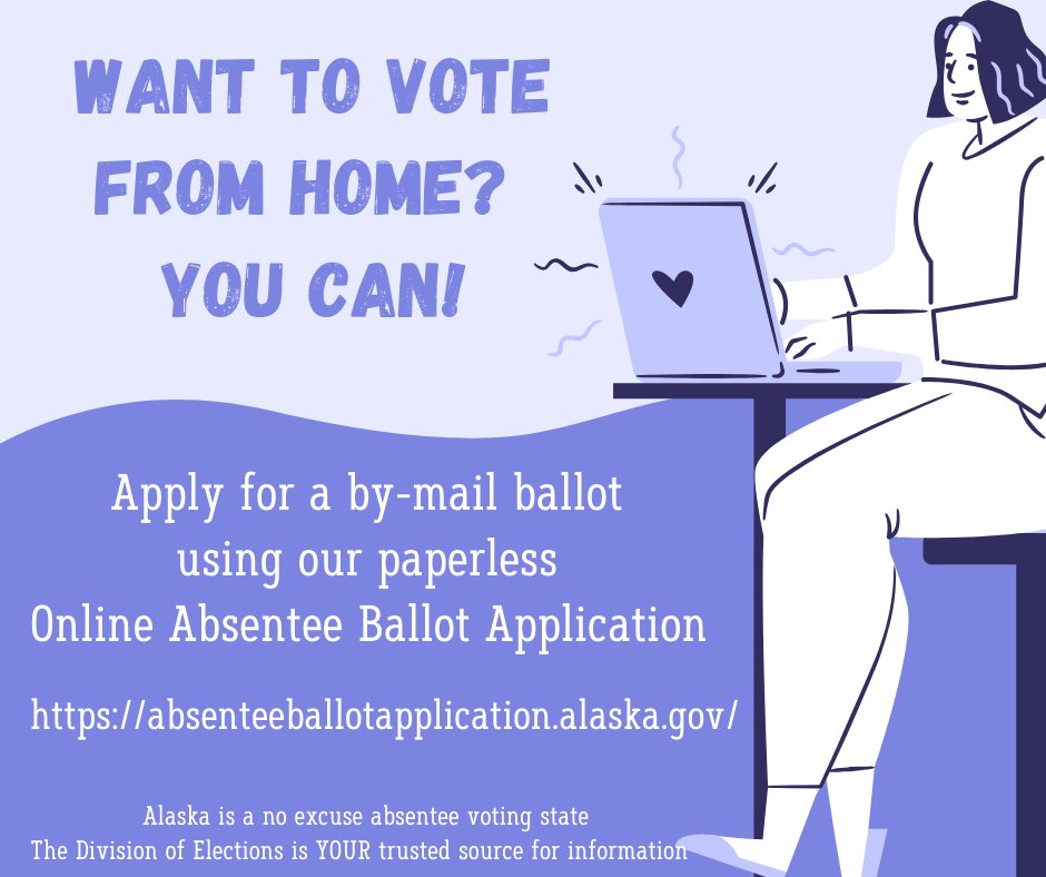 Voters can now apply online for a by-mail absentee ballot. Voters can use their valid Alaska driver's license or state ID to apply, or they may select to apply using the paper application form. Follow this link absenteeballotapplication.alaska.gov to apply for a by-mail absentee ballot online