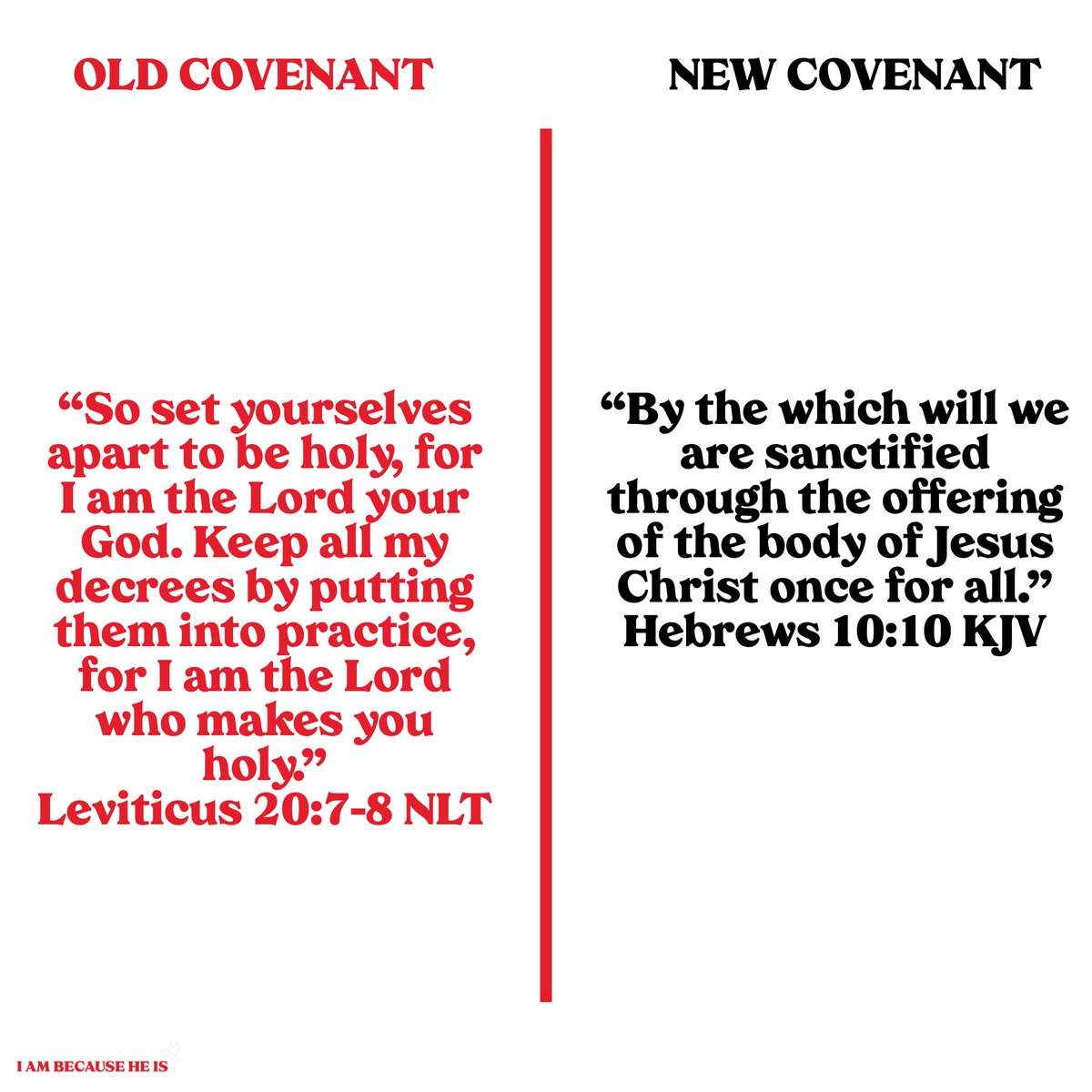 HOLINESSOld Covenant - Believers had to keep the WHOLE LAW to be sanctified.New Covenant - We are sanctified through the blood of Jesus - once and for all. You are instantly holy when you believe in Jesus Christ.