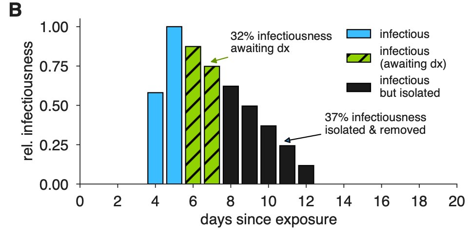 One nice thing about the viral load + infectiousness models is that it's easy to include explicit sample-to-answer delays.  Here's an example figure like above, but with an imagined 2-day delay in results—and therefore isolation. Even a 1-day delay can wash out a better LOD. 9/