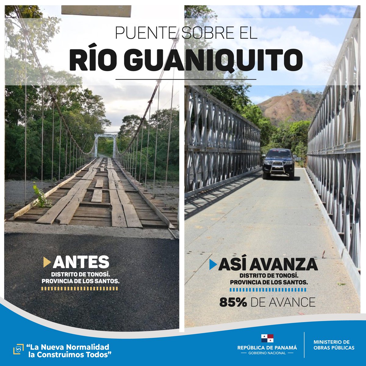 Te mostramos el antes y después de la construcción de los puentes sobre el  Río Viejo y el Río Guaniquito 🚧, en el distrito de Tonosí, beneficiando a  más de 7 mil