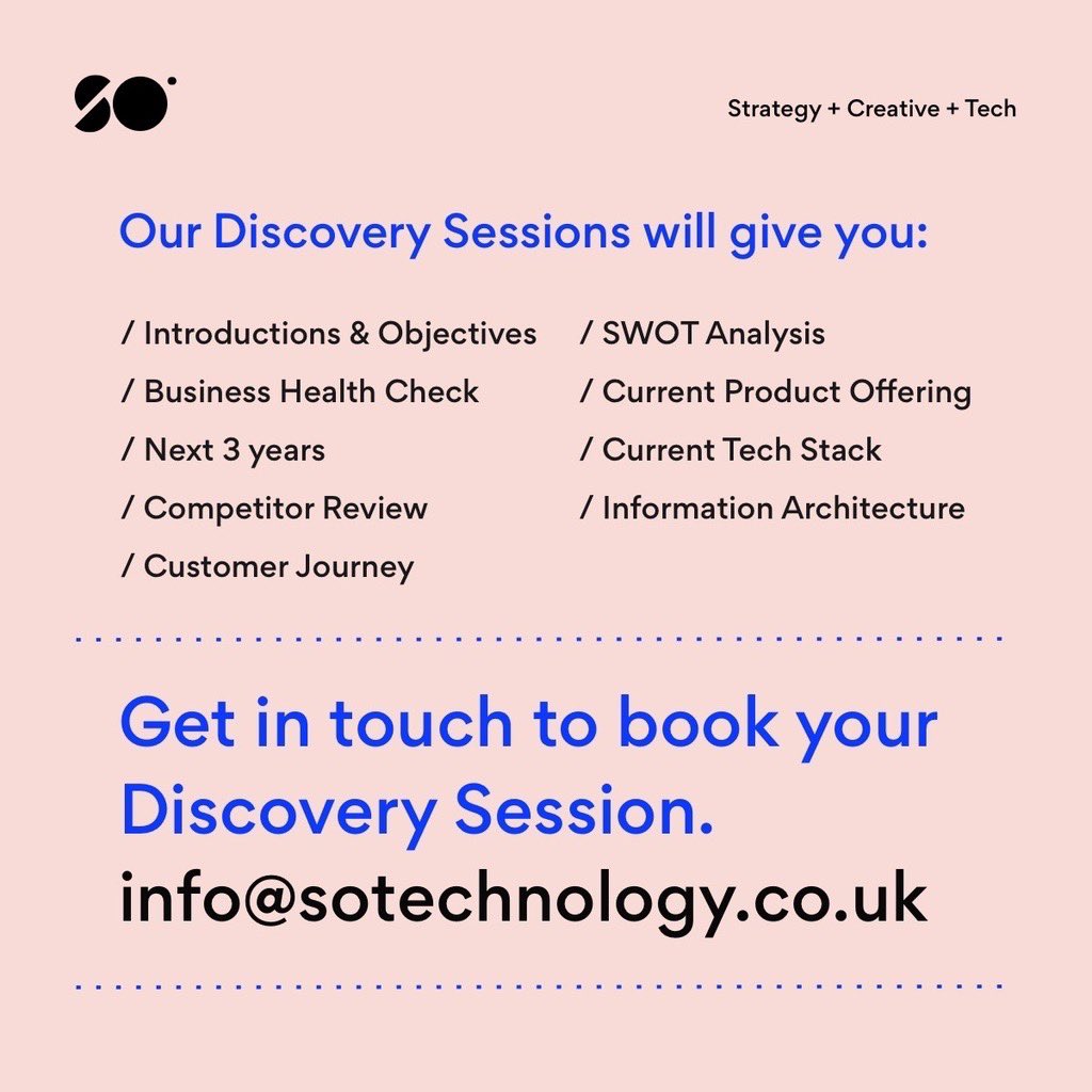 SOtechnology's tweet image. There are more ways to work with us than just briefing us on a full digital project. Many of our clients find the initial #Discovery and #Strategy sessions more valuable than anything else! #DigitalAgency #DigitalTransformation #Creative #Tech