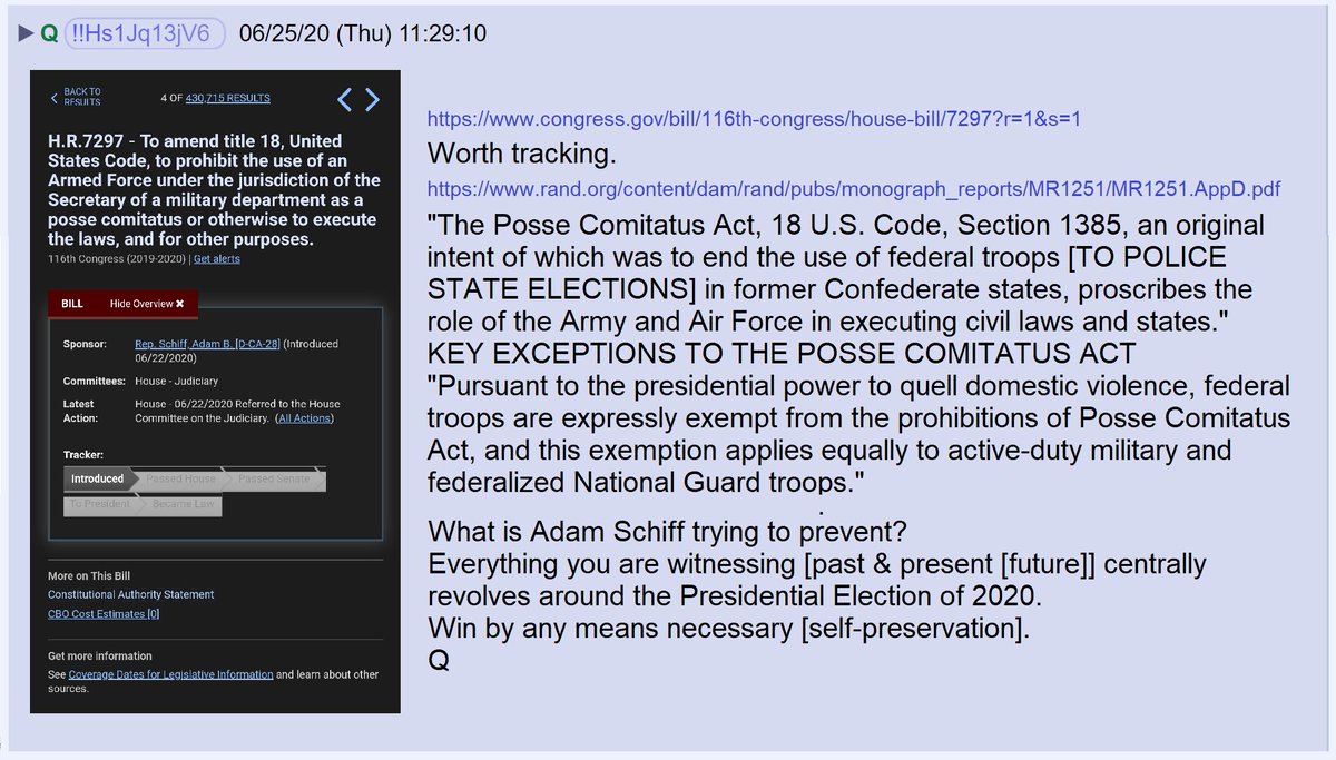 68) Adam Schiff is sponsoring a bill that would restrict the President's ability to deploy the military in the homeland as permitted by the Insurrection & Posse Comitatus Acts.What is Adam Schiff trying to prevent?Everything we're witnessing revolves around the 2020 election.