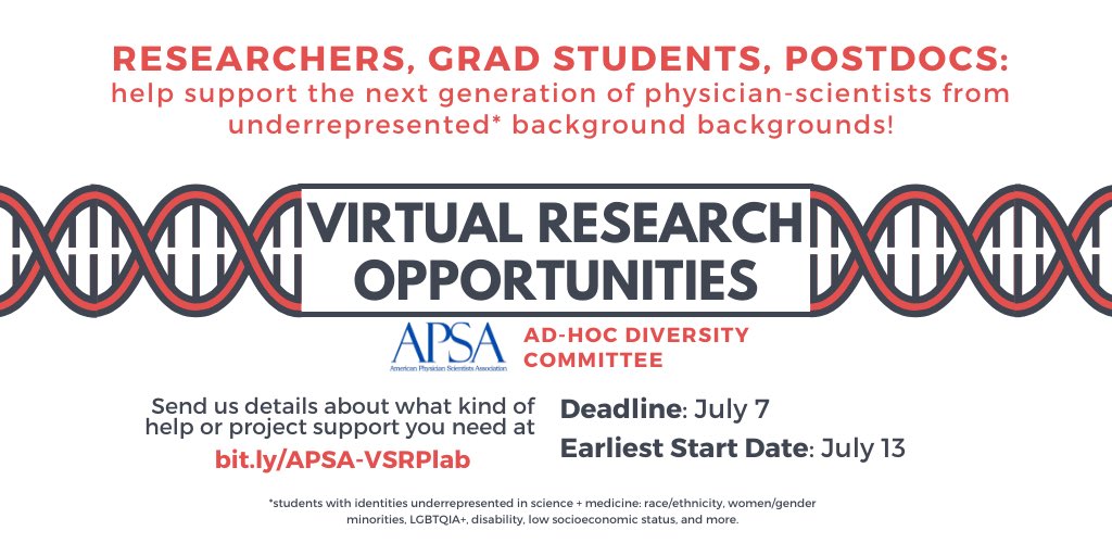 COVID-19 canceled summer research opps for undergrad/postbaccs.

<a href="/A_P_S_A/">APSA</a> ad-hoc diversity comm. has created Virtual Summer Research Program for URM future #DoubleDocs, bit.ly/APSA-VSRP!

‼️Researchers who want to sponsor: bit.ly/APSA-VSRPlab

Student app opens Monday!