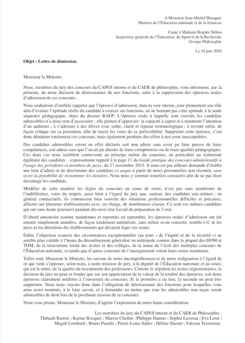 VincentCespedes's tweet photo. Pour répondre « à l'indifference, voire au mépris » du Ministre @jmblanquer dans la gestion des concours, le jury de #philosophie du CAPES et du CAER démissionne !
Mais comment un Ministre qui doit défendre l'#école peut-il la saccager à ce point ? https://t.co/TKTDuu22lf