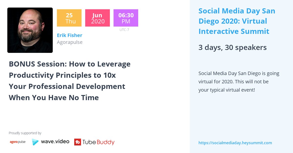 Agorapulse's tweet photo. THIS is one of the top sessions to watch at @SMDAYSD! Our own @ErikJFisher shares, "How to Leverage Productivity Principles to 10x Your Professional Development When You Have No Time." Tickets are still available: https://t.co/tJnQUSg3Dm
#SMDaySD #virtualsummit #productivitytips https://t.co/cnFXoI8XW0